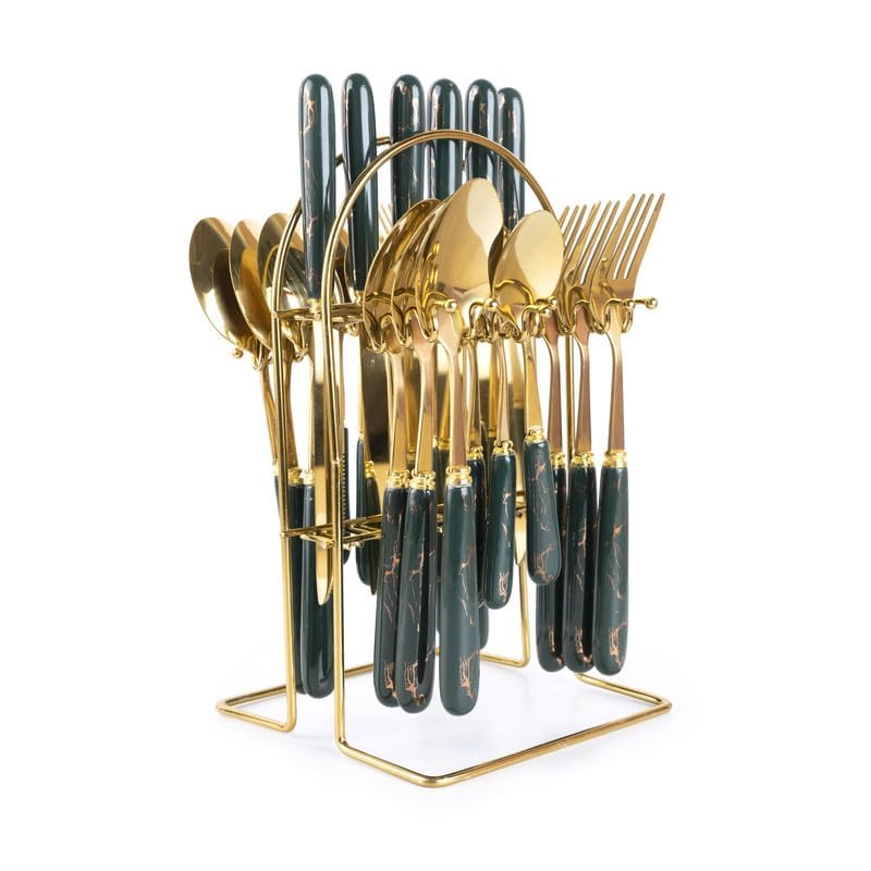 MGeezz Stainless Steel Spoons, Forks & Knives Set of 24 with Stand and Ceramic Handle (Forest Green) - Image 1