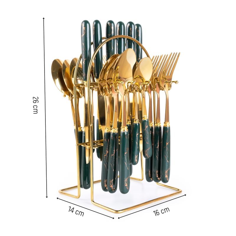 MGeezz Stainless Steel Spoons, Forks & Knives Set of 24 with Stand and Ceramic Handle (Forest Green) - Image 2