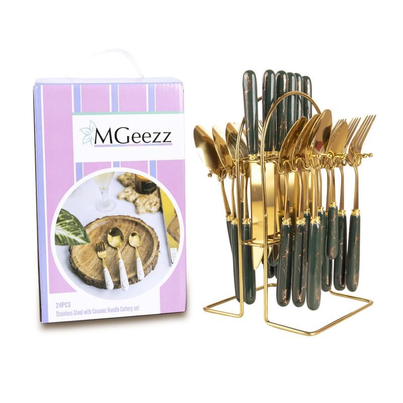 MGeezz Stainless Steel Spoons, Forks & Knives Set of 24 with Stand and Ceramic Handle (Forest Green) - Image 3
