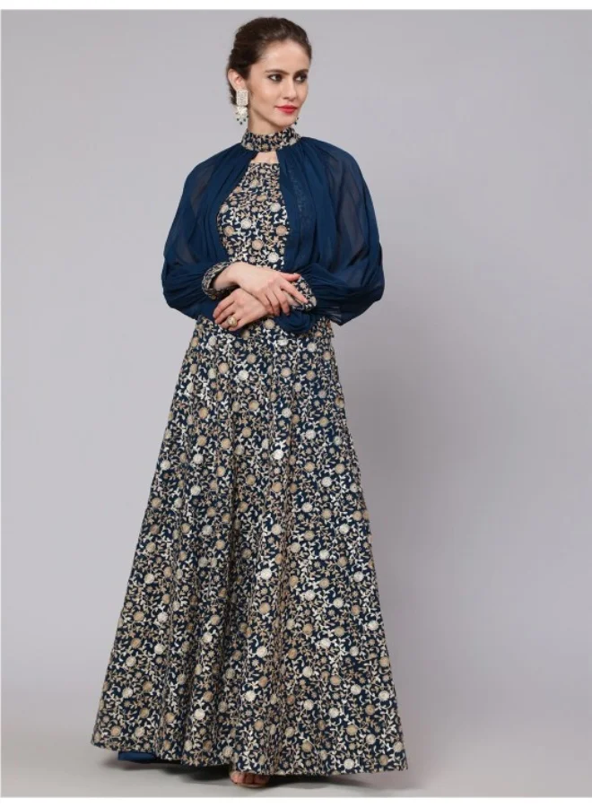 أيه كيه إس Blue Embroidered Aari Work Lehenga Choli With Cape Sleeve