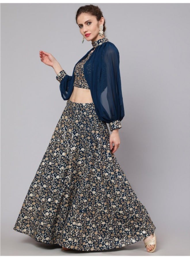 أيه كيه إس بدلة لنجا شولي مطرزة باللون الأزرق مع أكمام كاب - Image 4