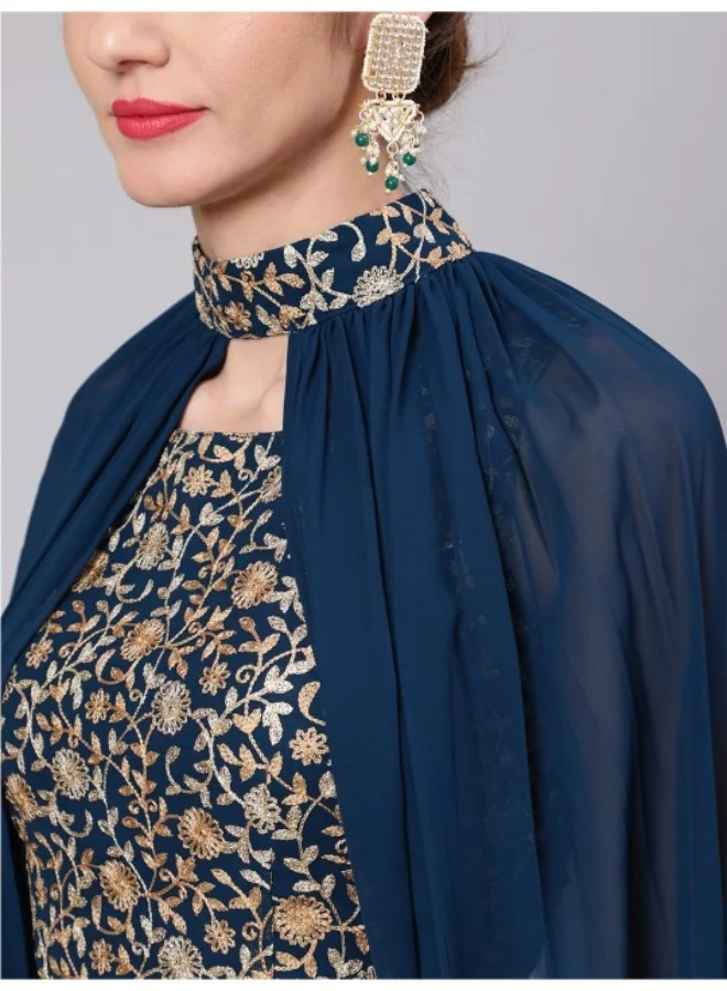 أيه كيه إس Blue Embroidered Aari Work Lehenga Choli With Cape Sleeve