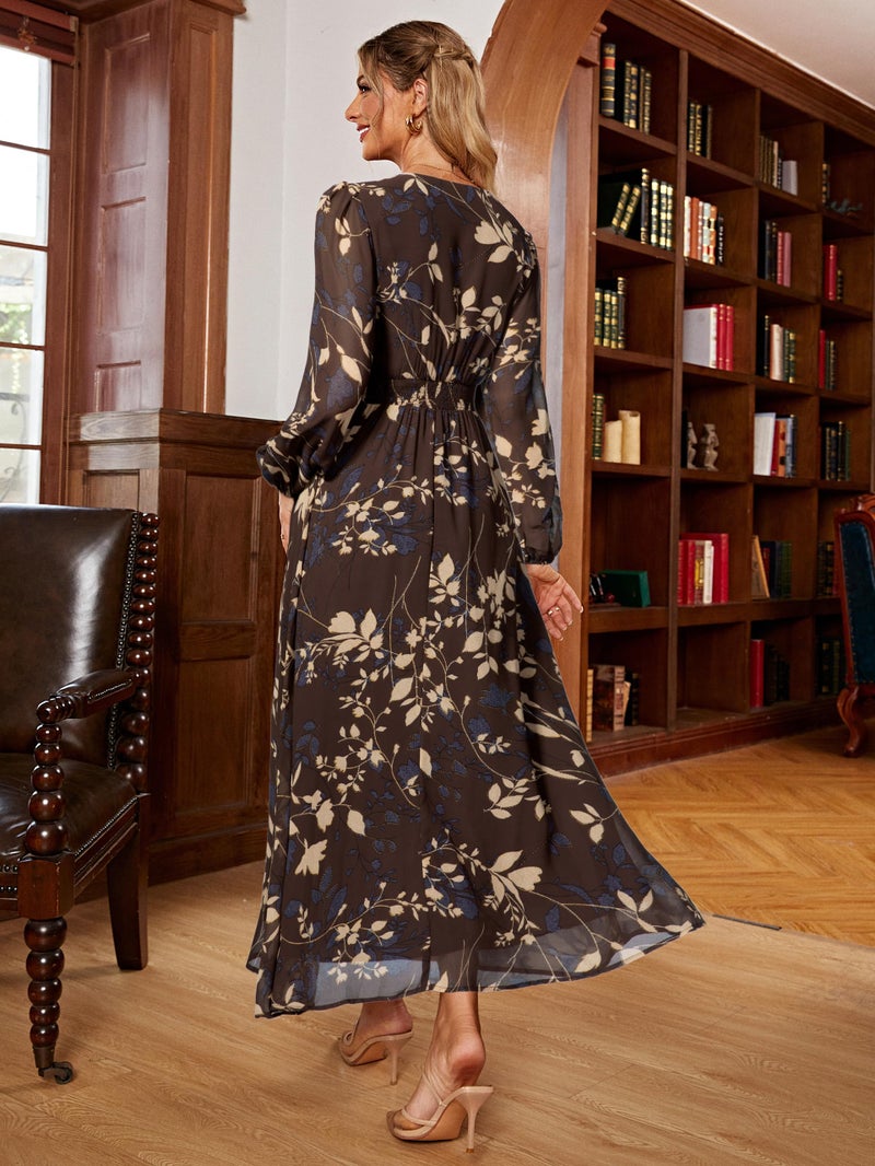 Simplee Apparel Simplee Womens Boho Floral Maxi Dress V Neck Long Sleeve Wedding Guest Dress Flowy Holiday Empire Waist Long Dresses (Small Brown) - Image 4