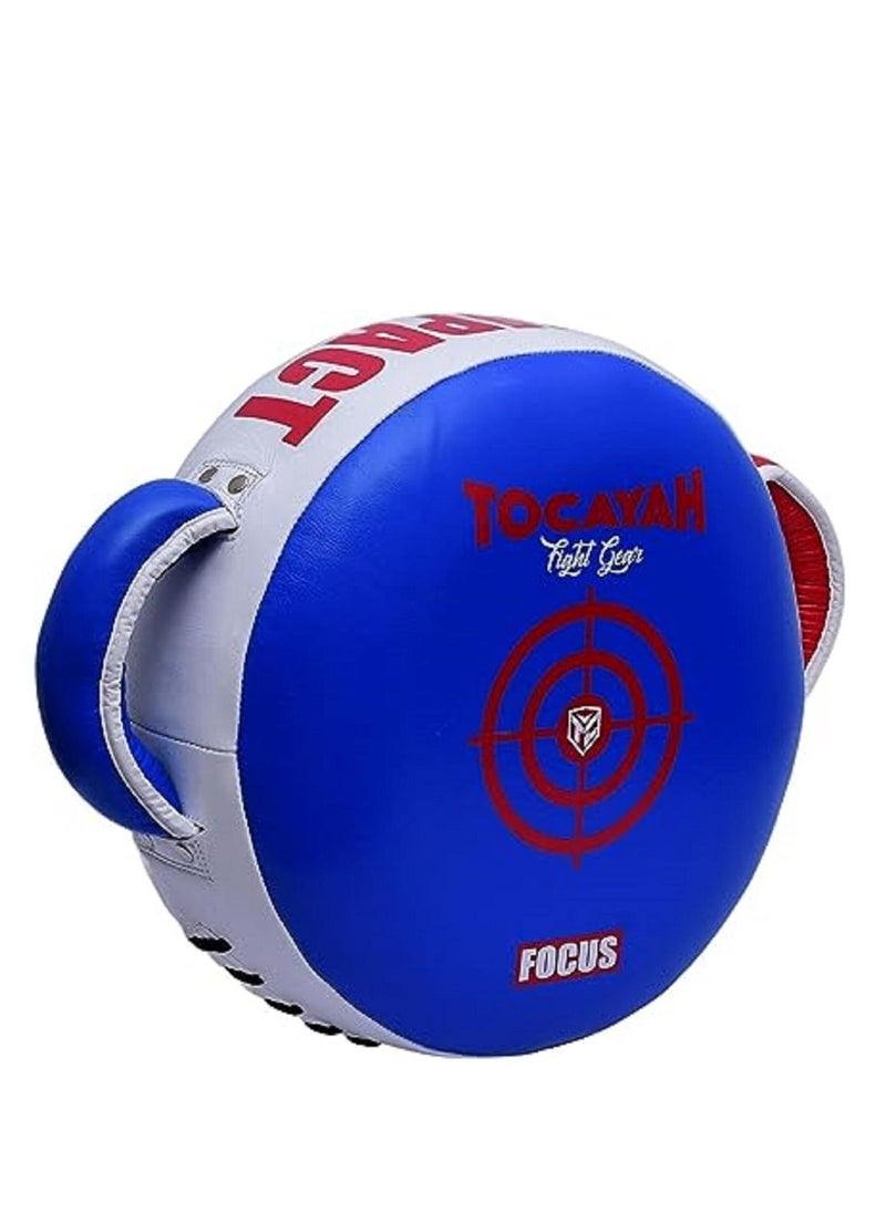 TOCAYAH - Tocayah 0% Impact Blue & Red Round Boxing Shield | Leather Punch Shield Fitness Plus Punch Shield, Lightweight, Durable, Over 3 in. of Layered Foam Padding, Easy-Grip Handles - Image 1