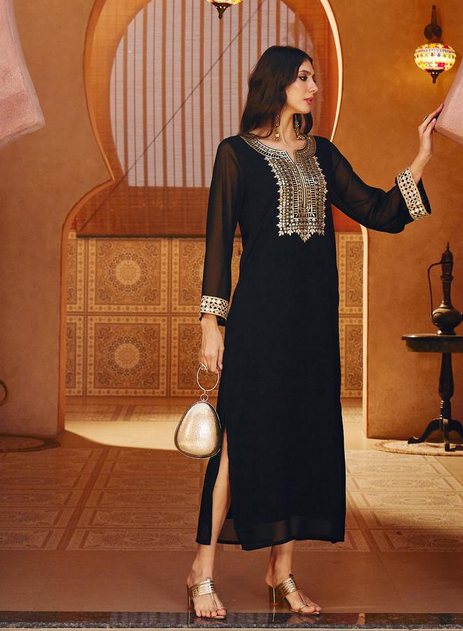 SASSAFRAS Black Embroidered Neck Abaya Dress - Image 1