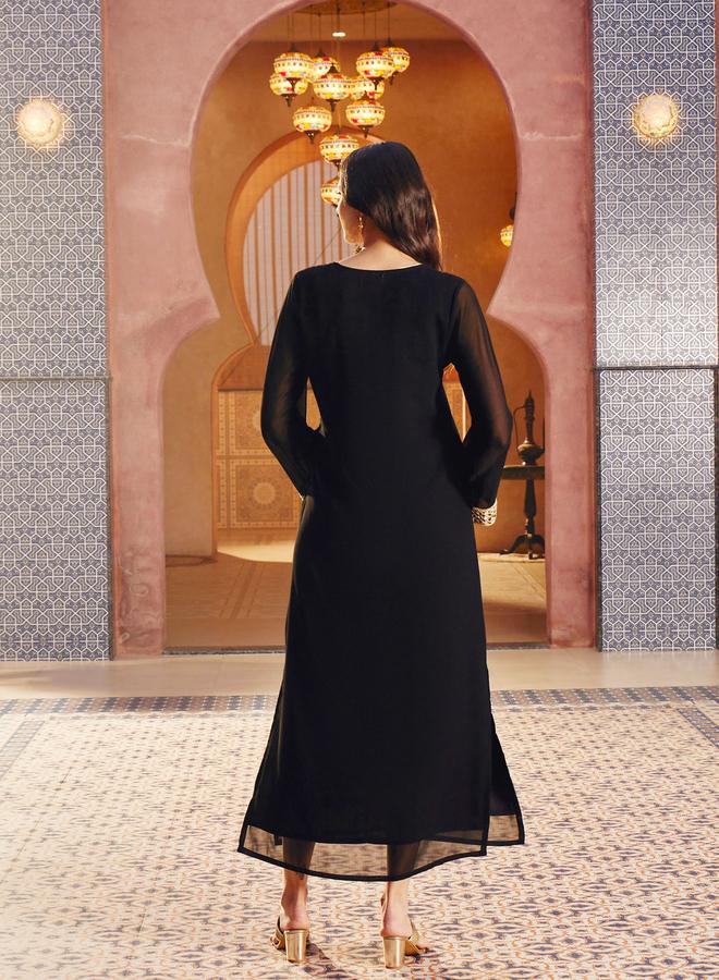 SASSAFRAS Black Embroidered Neck Abaya Dress - Image 5