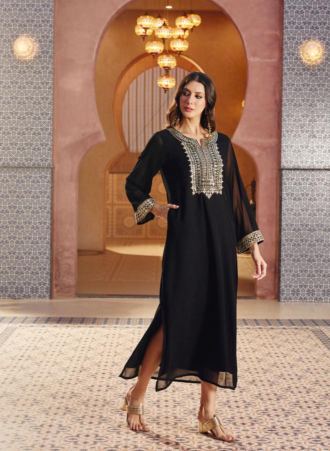 SASSAFRAS Black Embroidered Neck Abaya Dress - Image 3