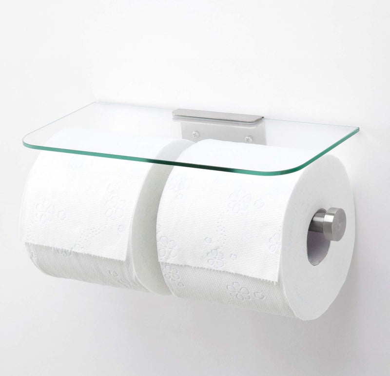 JackCubeDesign Double Toilet Paper Holder with Glass Shelf Wall Mount Stainless Steel Dual Tissue Dispenser Holders for Bathroom Glass Type2 MK428D