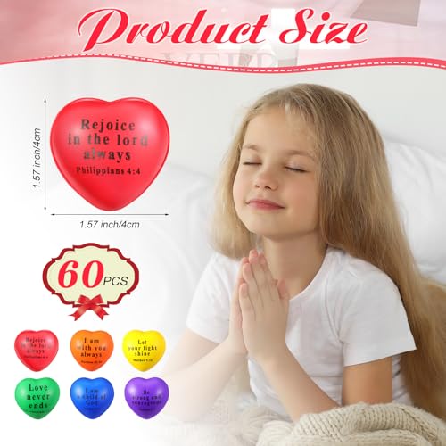 Rotatingpals 60 Pcs Valentine Christian Heart Stress Balls Bulk Jesus Bible Quotes Motivational Relief Stress Balls PU Foam First Communion Baptism Gifts for Religious PartyBright ColorGroovy - Image 5