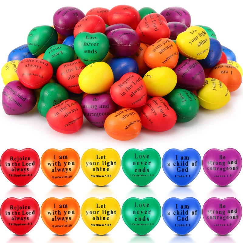 Rotatingpals 60 Pcs Valentine Christian Heart Stress Balls Bulk Jesus Bible Quotes Motivational Relief Stress Balls PU Foam First Communion Baptism Gifts for Religious PartyBright ColorGroovy - Image 3