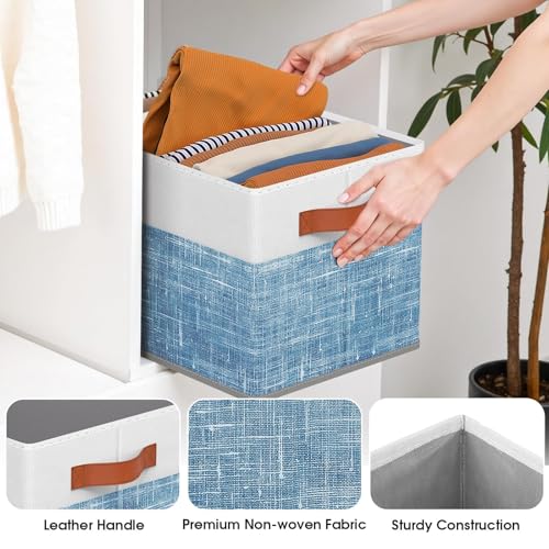 Fab totes Collapsible Storage Baskets for Shelves,14"x10", 4 Pack Foldable Fabric Storage Bins with Double Leather Handles, Large Baskets for Organizing Books, Clothes, White & Blue - Image 3