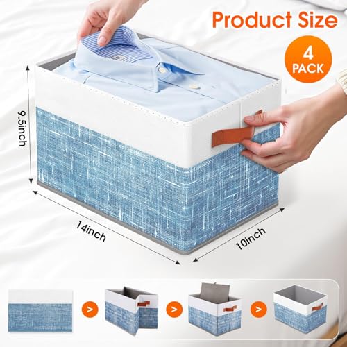 Fab totes Collapsible Storage Baskets for Shelves,14"x10", 4 Pack Foldable Fabric Storage Bins with Double Leather Handles, Large Baskets for Organizing Books, Clothes, White & Blue - Image 2