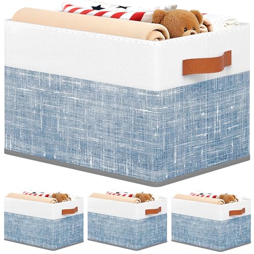 Fab totes Collapsible Storage Baskets for Shelves,14"x10", 4 Pack Foldable Fabric Storage Bins with Double Leather Handles, Large Baskets for Organizing Books, Clothes, White & Blue - Image 1