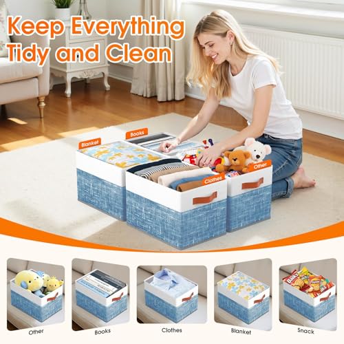 Fab totes Collapsible Storage Baskets for Shelves,14"x10", 4 Pack Foldable Fabric Storage Bins with Double Leather Handles, Large Baskets for Organizing Books, Clothes, White & Blue - Image 4