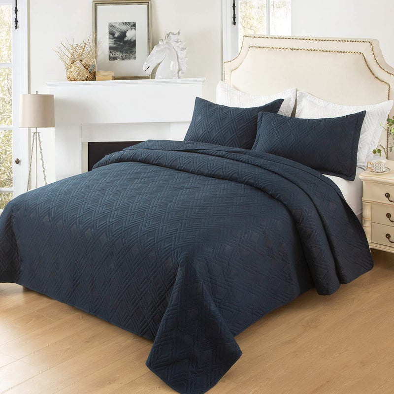 Hygge Hush Hygge Hush Summer Quilt Set  King Size Navy Blue L Pattern 3 Pieces Quilt Set  Oversized Modern Style Bedspread Set for All Season (1 Quilt & 2 Pillow Shams) 