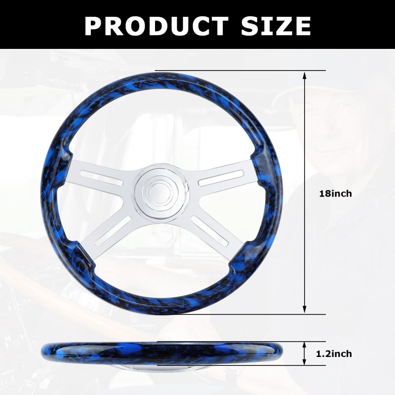 QYMOPAY 18" Solid Wood Hydro-Printed Truck Steering Wheel 4-Spoke Chrome Plated Aluminum Steering Wheel for Semi-Trailers,Trucks for Kenworth, Peterbilt, Volvo, Freightliner - Image 2