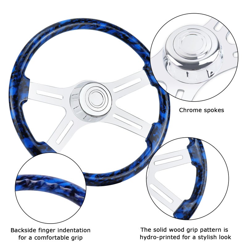 QYMOPAY 18" Solid Wood Hydro-Printed Truck Steering Wheel 4-Spoke Chrome Plated Aluminum Steering Wheel for Semi-Trailers,Trucks for Kenworth, Peterbilt, Volvo, Freightliner - Image 3