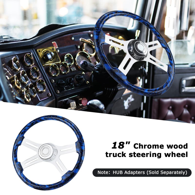 QYMOPAY 18" Solid Wood Hydro-Printed Truck Steering Wheel 4-Spoke Chrome Plated Aluminum Steering Wheel for Semi-Trailers,Trucks for Kenworth, Peterbilt, Volvo, Freightliner - Image 4