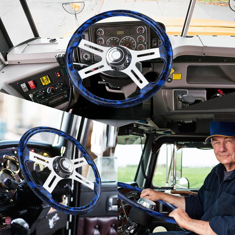 QYMOPAY 18" Solid Wood Hydro-Printed Truck Steering Wheel 4-Spoke Chrome Plated Aluminum Steering Wheel for Semi-Trailers,Trucks for Kenworth, Peterbilt, Volvo, Freightliner - Image 5
