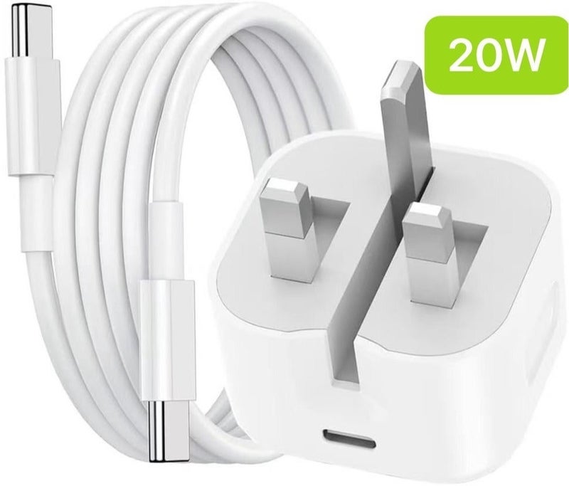 حقل شاحن سريع 20 واط | شاحن حائط USB-C سريع مع كابل شحن من Type-C إلى Type-C بطول 1 متر، متوافق مع آيفون 17/16/15، آي باد، ماك بوك، سامسونغ وجميع الأجهزة المحمولة ذات منفذ Type-C. - Image 1
