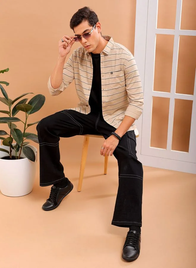 The Indian Garage Co Men Slim Fit Striped Full Sleeves Spread Collar Casual Shirt