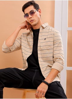 Men Slim Fit Striped Full Sleeves Spread Collar Casual Shirt