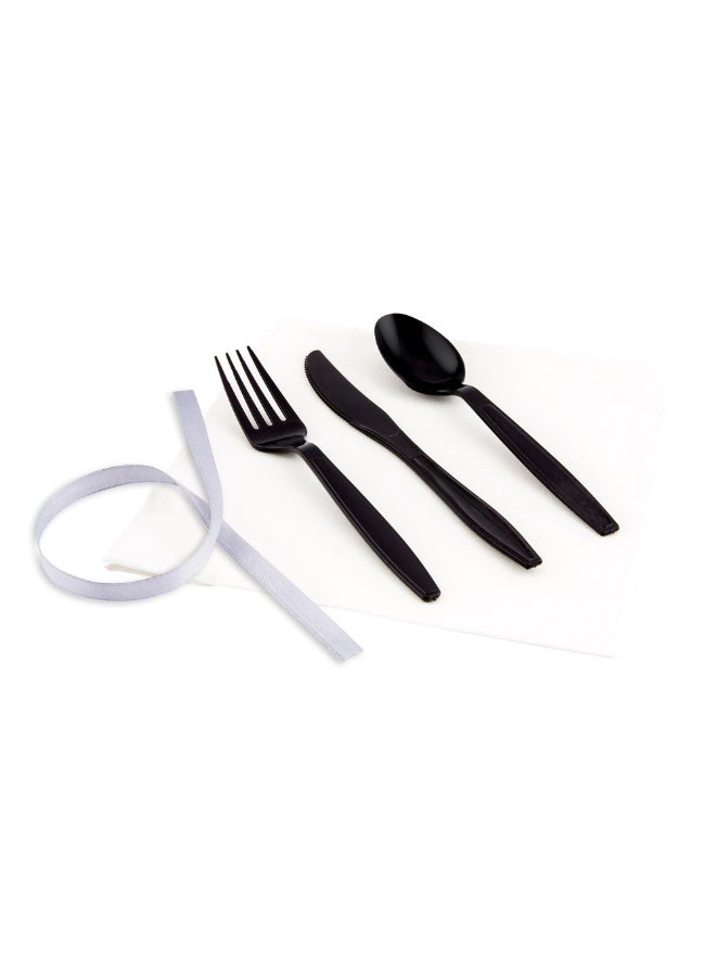 Restaurantware طقم أدوات المائدة البلاستيكية 7.3 بوصة × 2 بوصة، 100 طقم أدوات مائدة بلاستيكية - شريط فضي، مع منديل أبيض، مغلف بشكل فردي، أدوات مائدة بلاستيكية سوداء قابلة للتصرف، للمناسبات والأعراس - Image 2