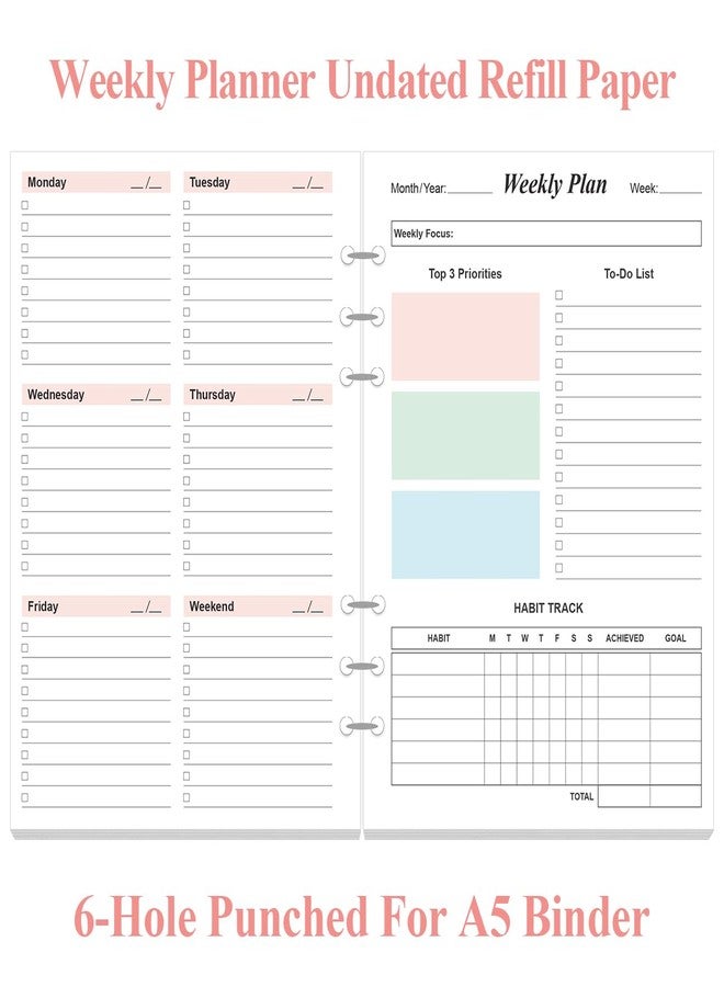 Yaridar Weekly Planner Refills for A5 Binders - 53 Sheets/106 Pages Undated Colorful Weekly Planner, 6-Hole Punched, 100 gsm White Paper, Lasts 1 Year, Undated, 5.8" x 8.3" - Image 2