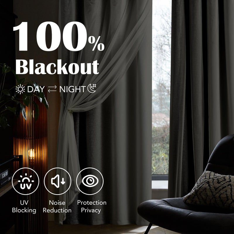 Geomoroccan 100% Blackout Curtains with Sheer Overlay Mix and Match Double Layer Drapes 63 Inch Length 2 Panels for Bedroom Living Room Grey White Ombre Grommet Window Treatment with Tiebacks - Image 2
