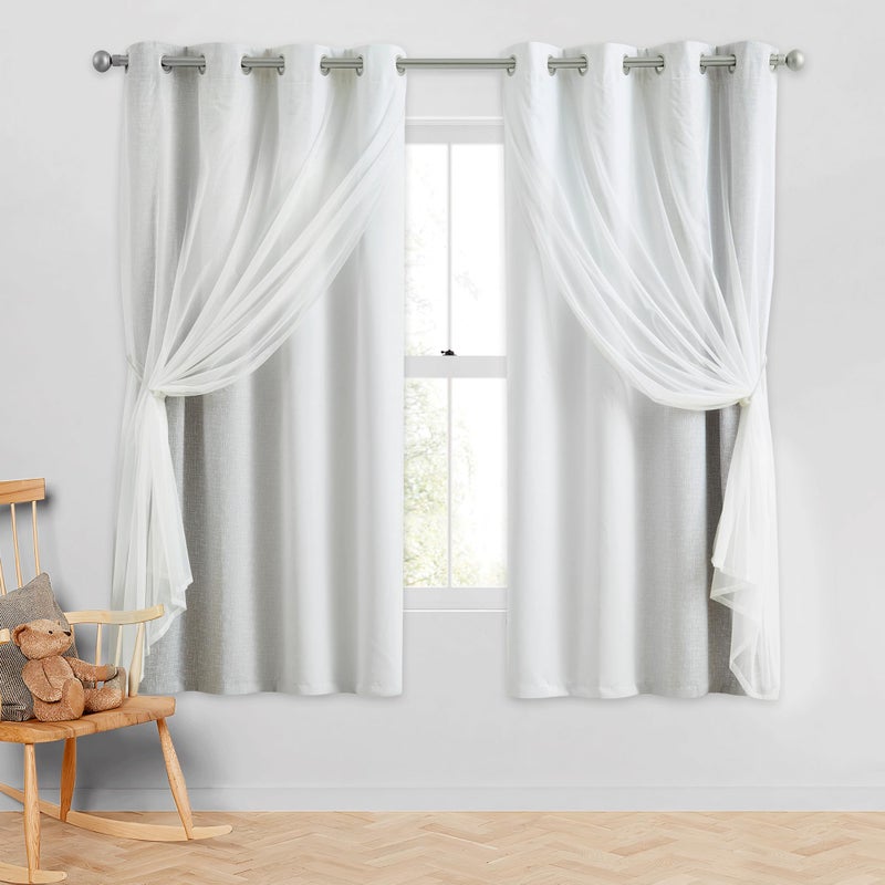 Geomoroccan 100% Blackout Curtains with Sheer Overlay Mix and Match Double Layer Drapes 63 Inch Length 2 Panels for Bedroom Living Room Grey White Ombre Grommet Window Treatment with Tiebacks - Image 1