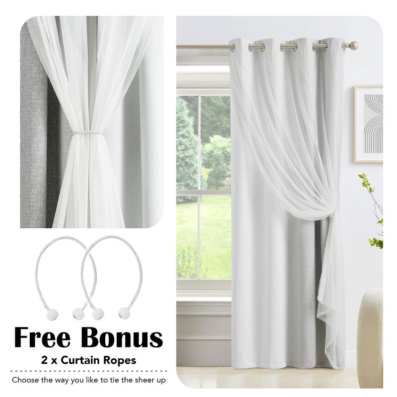Geomoroccan 100% Blackout Curtains with Sheer Overlay Mix and Match Double Layer Drapes 63 Inch Length 2 Panels for Bedroom Living Room Grey White Ombre Grommet Window Treatment with Tiebacks - Image 5