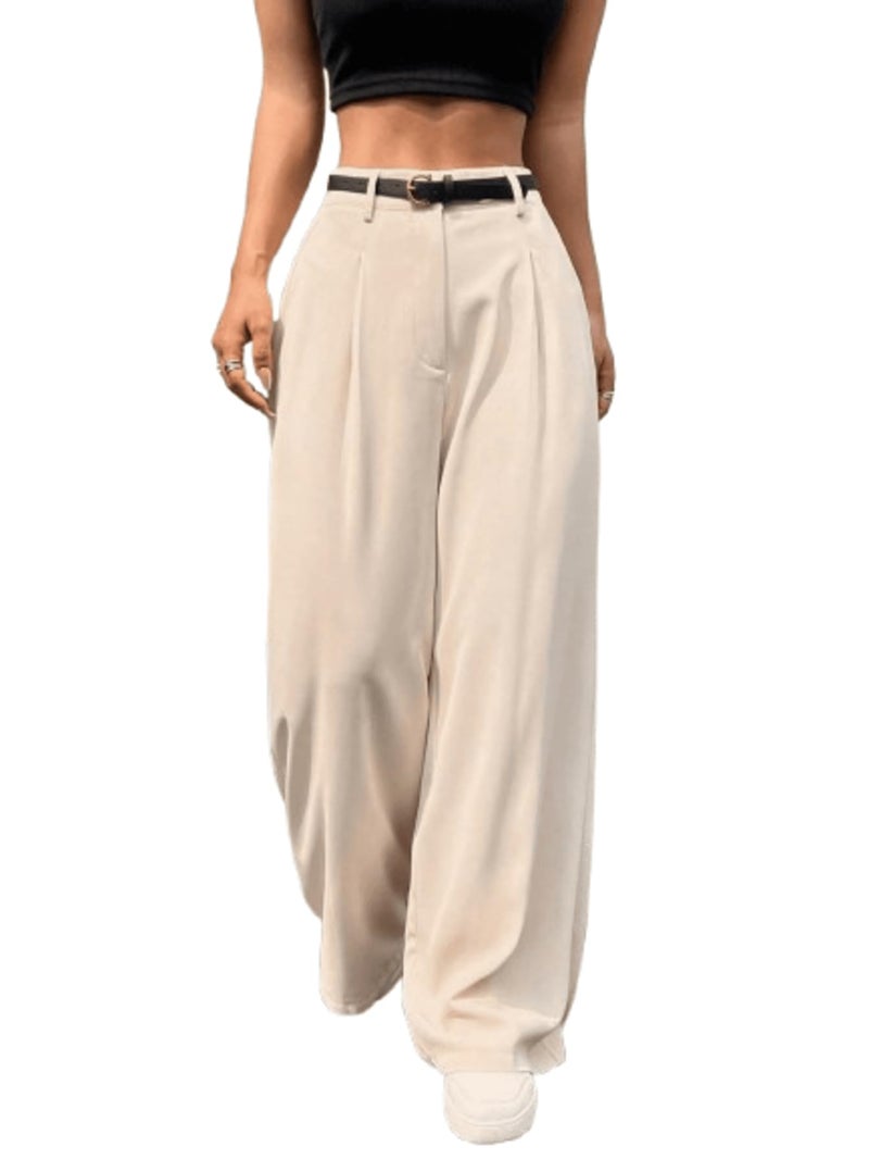 Aahwan OW Solid High Rise Korean Loose Pleated Wide Leg Pants & Trouser for Women's & Girl's(296_OW_32) Off White - Image 1