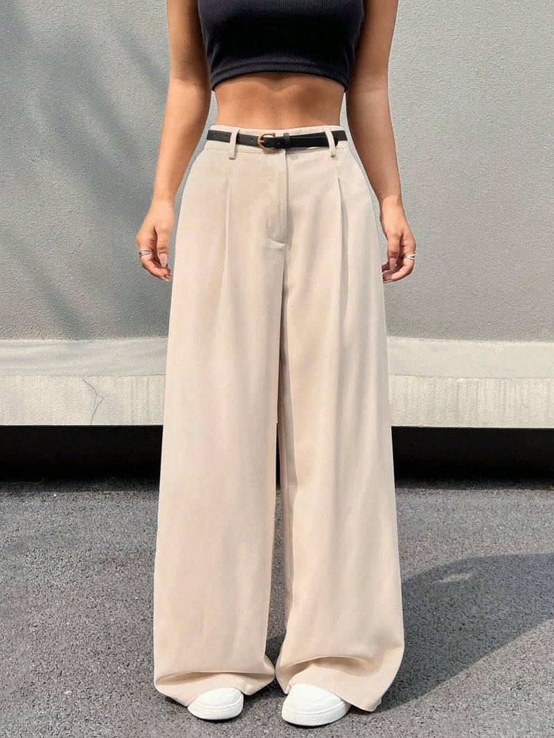 Aahwan OW Solid High Rise Korean Loose Pleated Wide Leg Pants & Trouser for Women's & Girl's(296_OW_32) Off White - Image 3