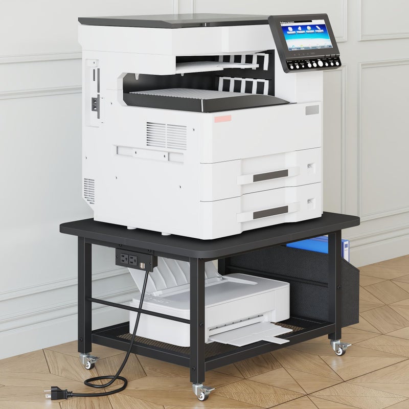 YAOHUOO 23.6"Ã—23.6" Large Priner Stand with Power Outlet, Printer Table with Storage Side Pocket, Heavy Duty Rolling Cart for Home Office 3D Printer/Laser/Heat Press Table, Black - Image 1