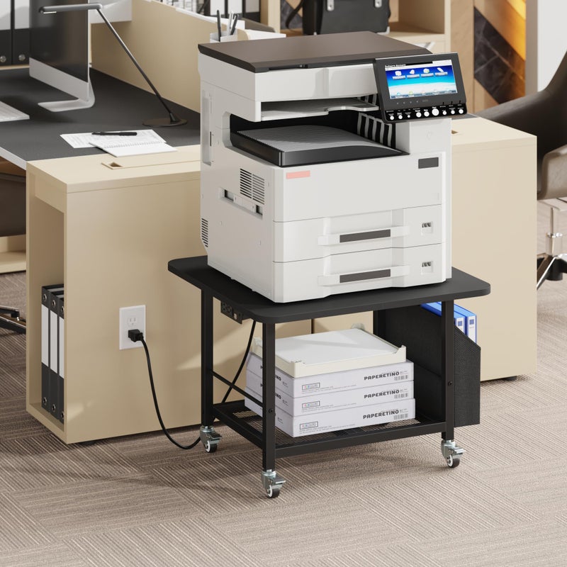 YAOHUOO 23.6"Ã—23.6" Large Priner Stand with Power Outlet, Printer Table with Storage Side Pocket, Heavy Duty Rolling Cart for Home Office 3D Printer/Laser/Heat Press Table, Black - Image 2