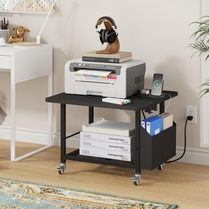 YAOHUOO 23.6"Ã—23.6" Large Priner Stand with Power Outlet, Printer Table with Storage Side Pocket, Heavy Duty Rolling Cart for Home Office 3D Printer/Laser/Heat Press Table, Black - Image 5