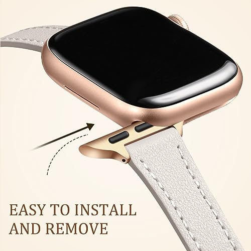 Charlam Slim Leather Band Compatible with Apple Watch Band 40mm 38mm 41mm 42mm 44mm 45mm 46mm Women,Top Grain Genuine Leather Strap Thin Wristband for iWatch Series 11 10 9 8 7 6 5 4 3 2 1 SE 3,Beige - Image 4