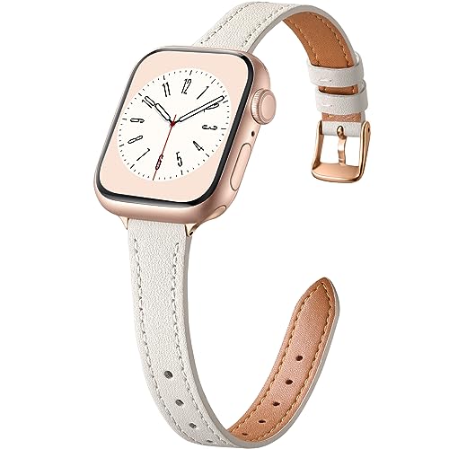 Charlam Slim Leather Band Compatible with Apple Watch Band 40mm 38mm 41mm 42mm 44mm 45mm 46mm Women,Top Grain Genuine Leather Strap Thin Wristband for iWatch Series 11 10 9 8 7 6 5 4 3 2 1 SE 3,Beige - Image 1