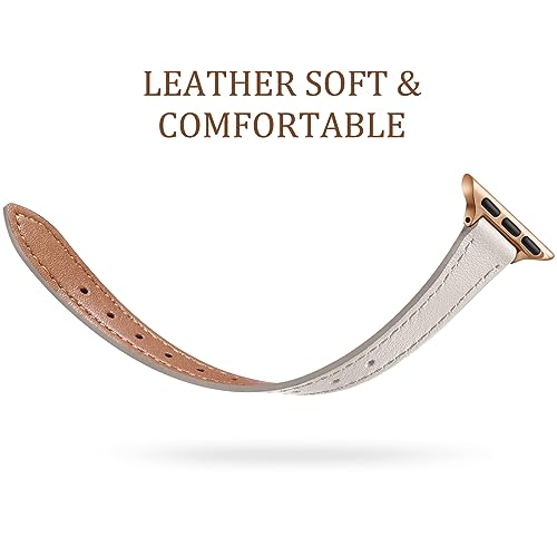 Charlam Slim Leather Band Compatible with Apple Watch Band 40mm 38mm 41mm 42mm 44mm 45mm 46mm Women,Top Grain Genuine Leather Strap Thin Wristband for iWatch Series 11 10 9 8 7 6 5 4 3 2 1 SE 3,Beige - Image 3