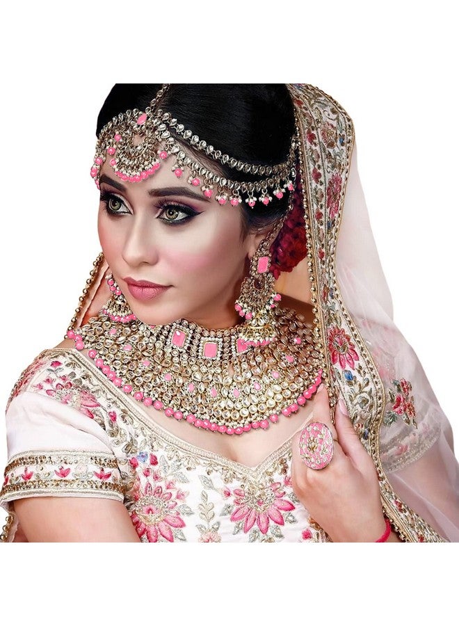 Peora 18K Gold Plated Jodha Akbar Choker Necklace Earrings Maangtikka Haathphool Nathiya Bridal Ethnic Jewellery Set Women - Image 3