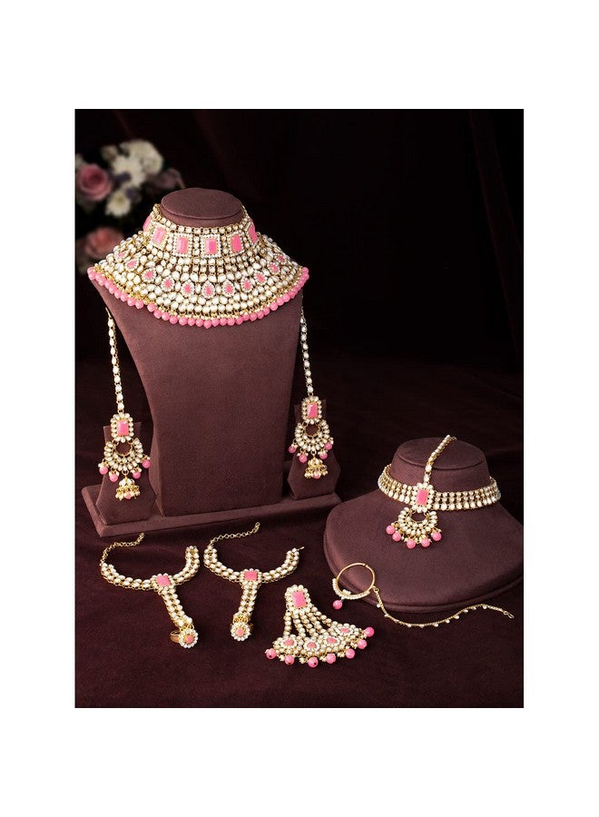 Peora 18K Gold Plated Jodha Akbar Choker Necklace Earrings Maangtikka Haathphool Nathiya Bridal Ethnic Jewellery Set Women - Image 4