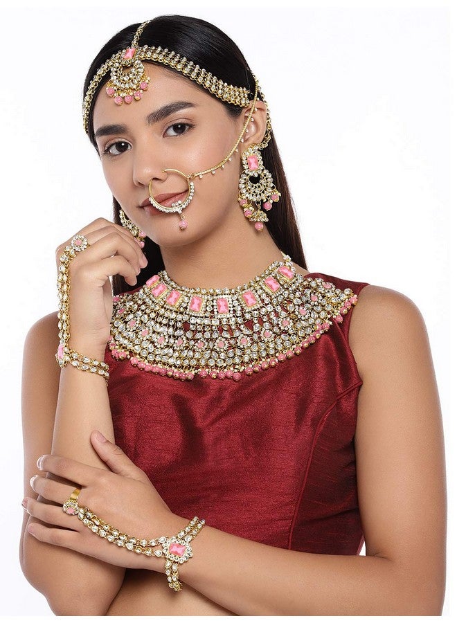 Peora 18K Gold Plated Jodha Akbar Choker Necklace Earrings Maangtikka Haathphool Nathiya Bridal Ethnic Jewellery Set Women - Image 2