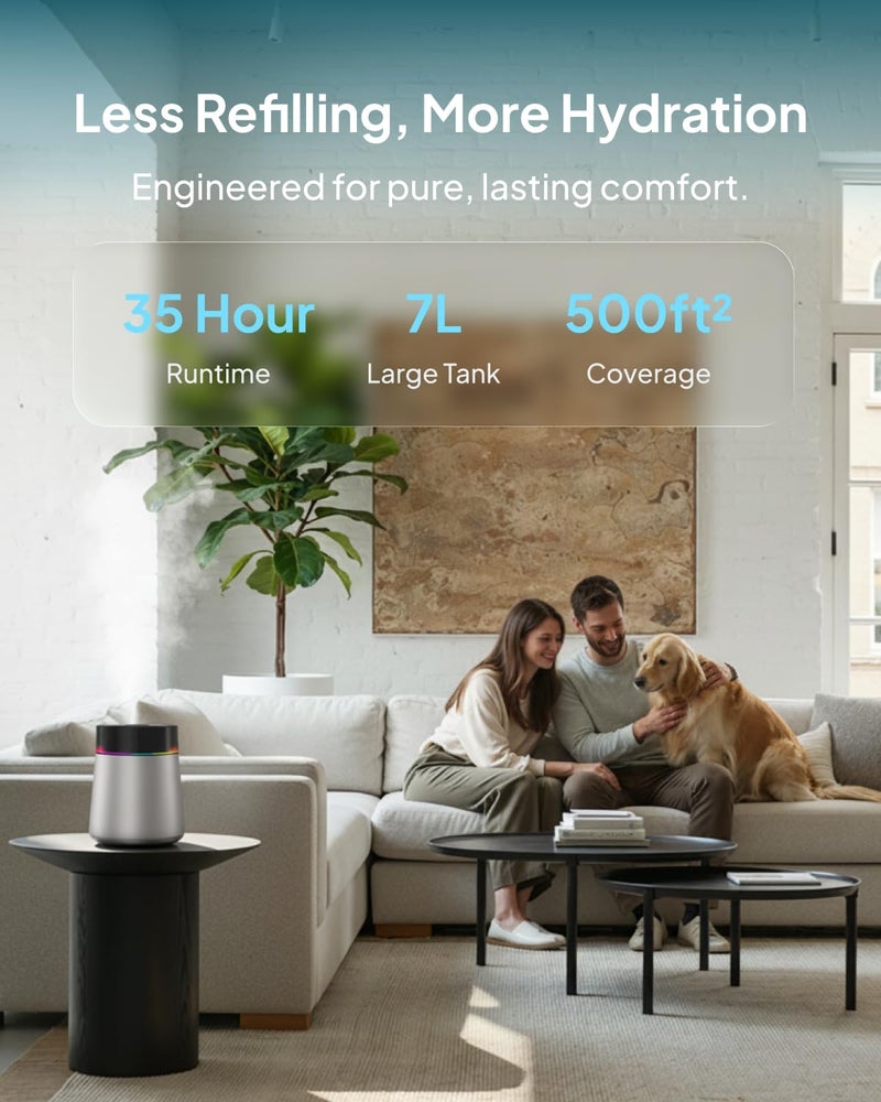 Livatro 7L Ultrasonic Stainless Steel Cool Mist Humidifier for Bedroom & Large Room, Top Fill, Ultra Quiet 24dB, 3 Mist Levels, Easy Clean Dishwasher Safe Humidifier for Living Room Office - Image 3