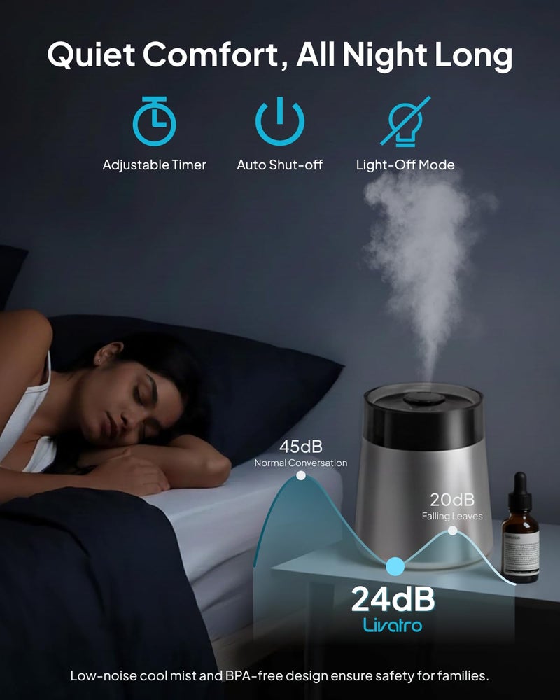 Livatro 7L Ultrasonic Stainless Steel Cool Mist Humidifier for Bedroom & Large Room, Top Fill, Ultra Quiet 24dB, 3 Mist Levels, Easy Clean Dishwasher Safe Humidifier for Living Room Office - Image 5