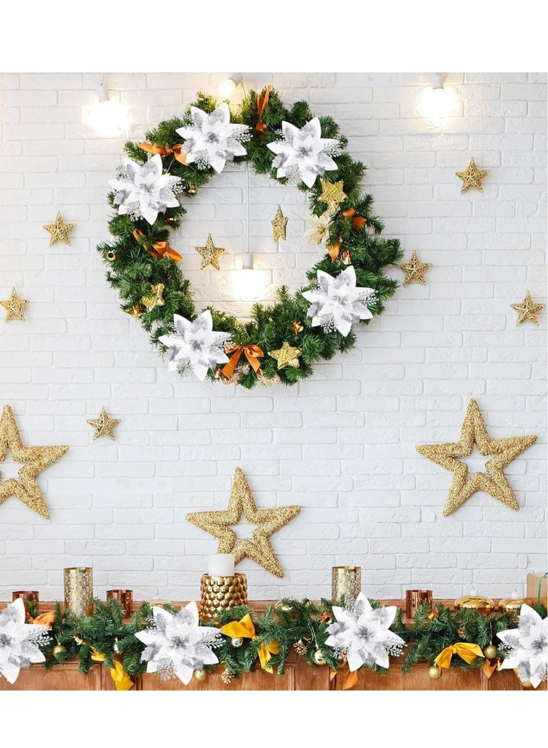 SYOSI زهور بوانسيتيا الاصطناعية المتلألئة، 12 قطعة زينة فضية زينة للأشجار للمناسبات/الموسمية/حفلات الزفاف إكليل زينة DIY - Image 1