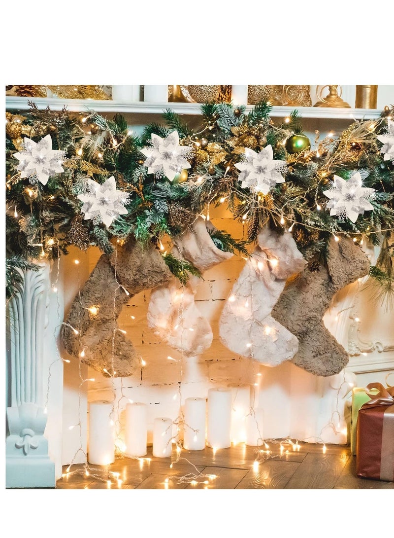 SYOSI زهور بوانسيتيا الاصطناعية المتلألئة، 12 قطعة زينة فضية زينة للأشجار للمناسبات/الموسمية/حفلات الزفاف إكليل زينة DIY - Image 3