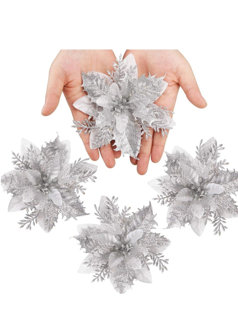 SYOSI زهور بوانسيتيا الاصطناعية المتلألئة، 12 قطعة زينة فضية زينة للأشجار للمناسبات/الموسمية/حفلات الزفاف إكليل زينة DIY - Image 4