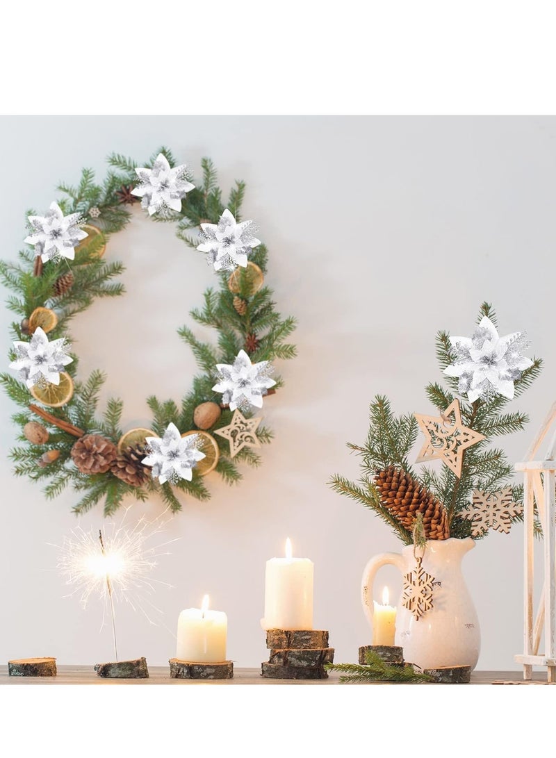 SYOSI زهور بوانسيتيا الاصطناعية المتلألئة، 12 قطعة زينة فضية زينة للأشجار للمناسبات/الموسمية/حفلات الزفاف إكليل زينة DIY - Image 2