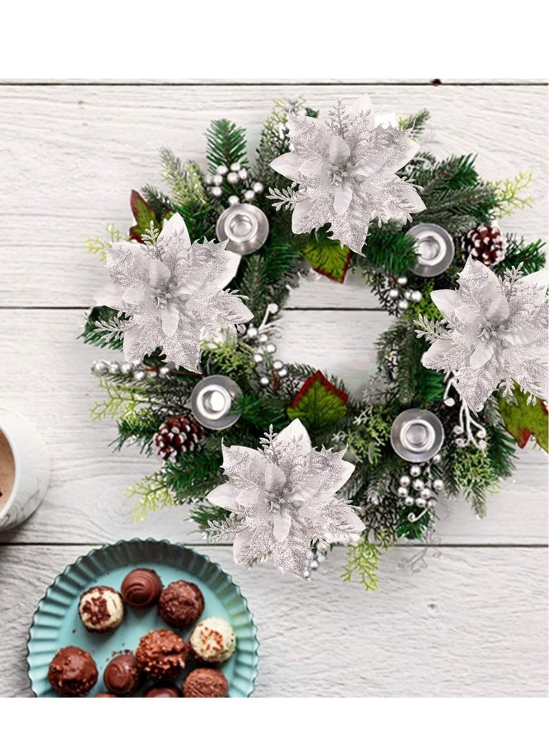 SYOSI زهور بوانسيتيا الاصطناعية المتلألئة، 12 قطعة زينة فضية زينة للأشجار للمناسبات/الموسمية/حفلات الزفاف إكليل زينة DIY - Image 5