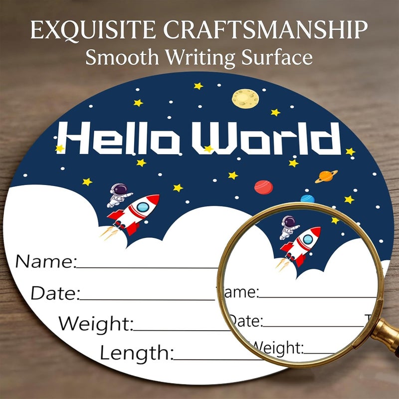 Al Raied ARS® Birth Announcement Sign Hello World Baby Name Wood Spaceship Theme - Image 4
